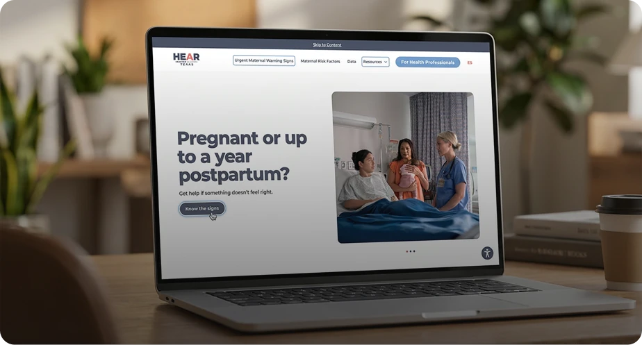 The Hear Her Texas website shown on a laptop