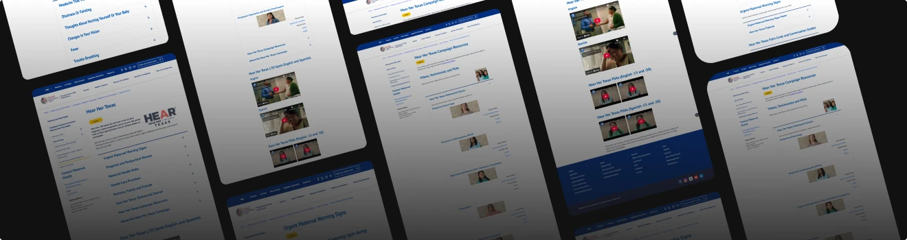 Screens from the Hear Her Texas maternal health website